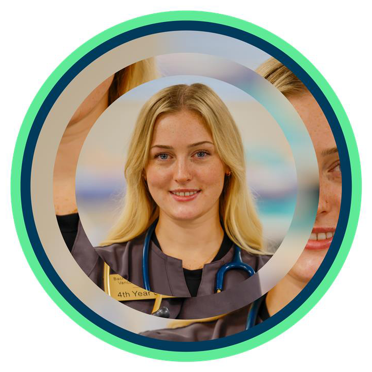 A young woman in scrubs